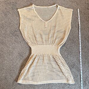 Cream Crochet Knit Cinched Waist Coverup